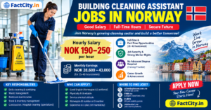 Building Cleaning Assistant Jobs in Norway – NOK 190–250/hour – 35–40 hours/week – Clean buildings, maintain supplies & support cleaning teams.