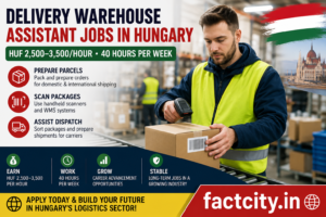 Delivery Warehouse Assistant Jobs in Hungary – HUF 2,500–3,500/hour – 40 hours/week – Prepare parcels, scan packages & assist dispatch operations.