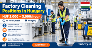 Factory Cleaning Worker Jobs in Hungary – HUF 2,000–3,000/hour – 40 hours/week – Clean production areas, remove waste & maintain hygiene.