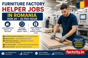 Furniture Factory Helper Jobs in Romania – RON 20–30/hour – 40 hours/week – Move materials, assist production & maintain the work area.