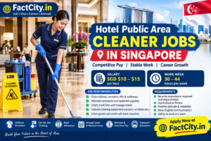 Hotel Public Area Cleaner Jobs in Singapore – SGD $10–15/hour – 30–44 hours/week – Clean lobbies, corridors & shared facilities.