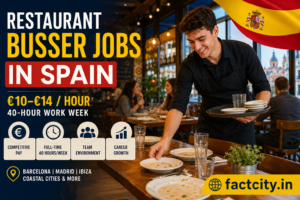 Restaurant Busser Jobs in Spain – €10–€14/hour – 40 hours/week – Clear tables, carry dishes & support restaurant staff.