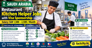 Restaurant Kitchen Helper Jobs in Saudi Arabia – SAR 1,500–2,500/month – 40–48 hours/week – Prepare ingredients, wash dishes & clean kitchen areas.
