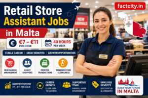 Retail Store Assistant Jobs in Malta – €7–€11/hour – 40 hours/week – Arrange merchandise, assist shoppers & maintain store displays.