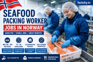 Seafood Packing Worker Jobs in Norway – NOK 190–250/hour – 35–40 hours/week – Sort seafood, pack products & maintain clean work areas.